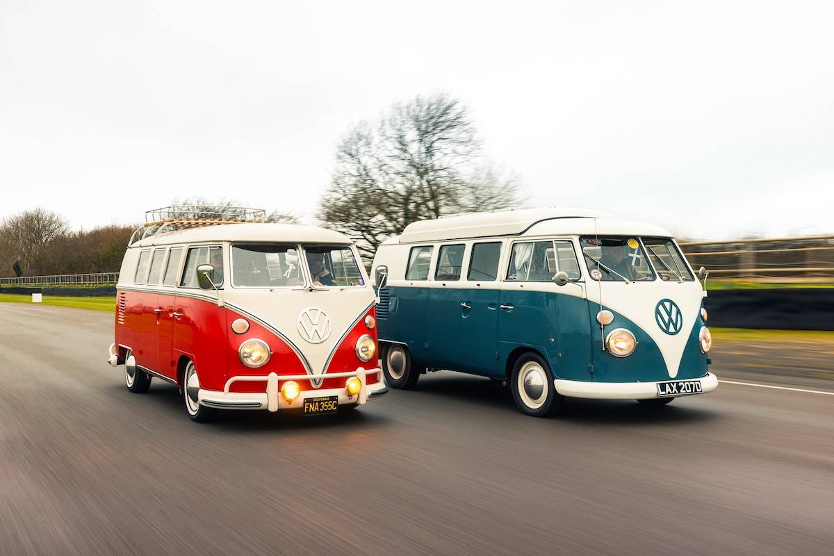 VW Type 2 Split Screens at the historic Goodwood Motor Circuit ahead of the opening track parade at the Goodwood Revival